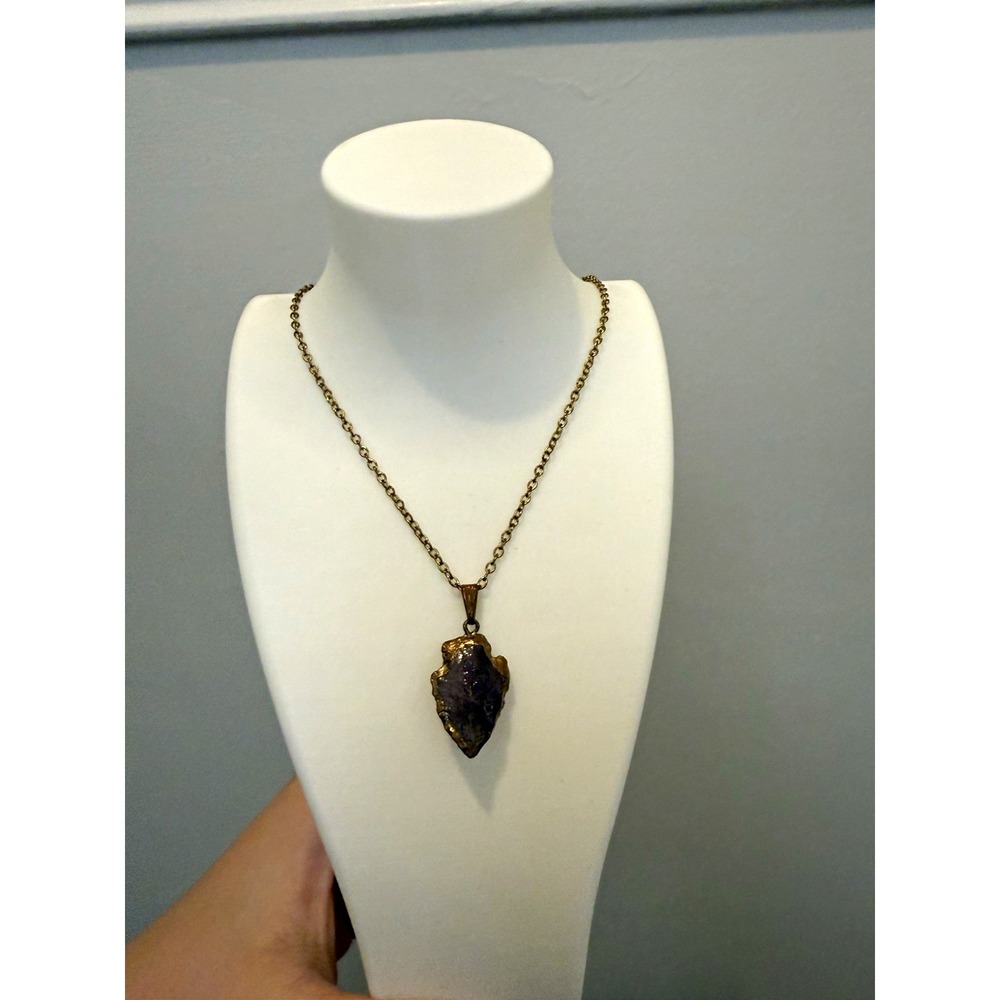 Bronze Tone Arrowhead Charm Pendant Necklace Purple amethyst Cable Chain Lobster